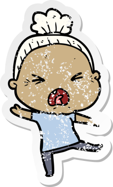 Bir insan tarafından çizilmiş kızgın yaşlı bir kadının sıkıntılı çıkartması.