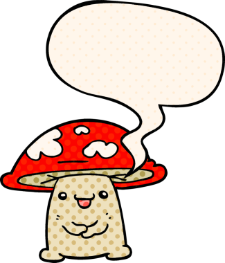 Bir insan tarafından çizilmiş çizgi roman tarzında konuşma balonu olan mantar karakteri.