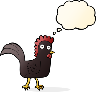 Bir insan tarafından çizilmiş düşünce balonlu çizgi film tavuğu.