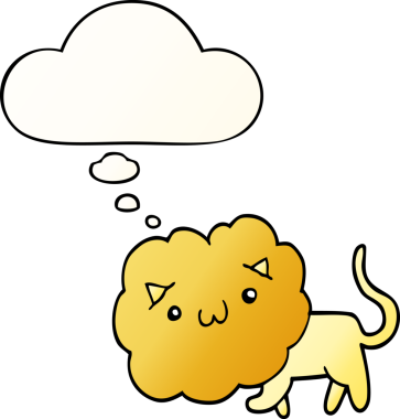 Bir insan tarafından çizilmiş yumuşak eğimli düşünce baloncuğu olan sevimli çizgi film aslanı.