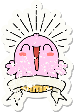 Dövme stili eski bir çıkartma. Bir insan tarafından çizilmiş mutlu şarkı söyleyen kek.