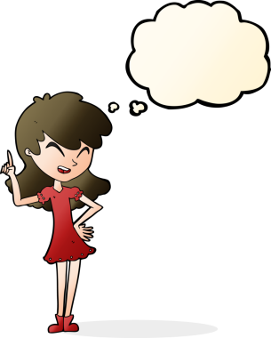 Bir insan tarafından çizilen düşünce baloncuğuyla nokta koyan çizgi film kızı.