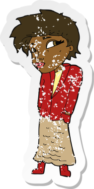 Bir insan tarafından çizilmiş elleri ceplerinde bir karikatür kadın etiketi.