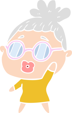 Düz renkli karikatür kadın bir insan tarafından çizilmiş gözlük giyiyor.