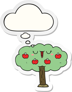 Düşünce baloncuğu insan tarafından çizilmiş bir çıkartma olan elma ağacı çizgi filmi.