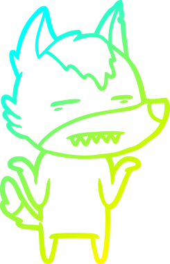 Bir insan tarafından çizilmiş dişleri gösteren çizgi bir kurt çizimi.