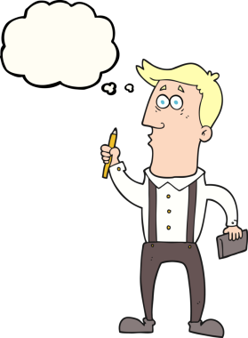 Bir insan tarafından çizilmiş not defteri olan serbest çizimli düşünce balonu karikatürü adam.