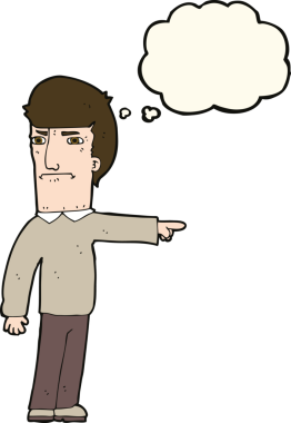 Bir insan tarafından çizilen düşünce baloncuğuyla işaret eden çizgi film adamı.