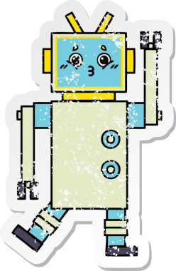 Bir insan tarafından çizilmiş sevimli bir robot çizgi film çıkartması.