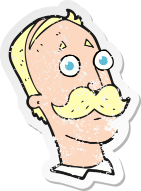 Bir insan tarafından çizilmiş bıyıklı bir karikatürcünün gerilemiş çıkartması.