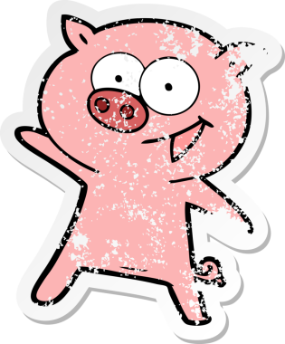 Bir insan tarafından çizilmiş neşeli bir domuz çizgi filminin hüzünlü çıkartması.