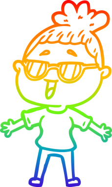 Bir insan tarafından çizilmiş gözlük takan mutlu bir kadının çizgi çizimi.