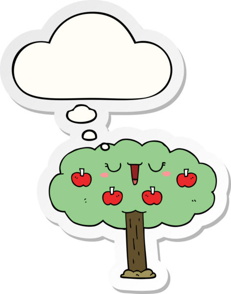 Düşünce baloncuğu insan tarafından çizilmiş bir çıkartma olan elma ağacı çizgi filmi.