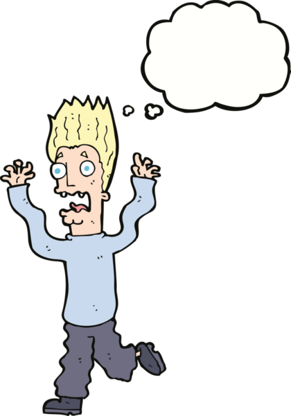 Bir insan tarafından çizilmiş düşünce baloncuğuyla dehşete düşmüş bir adam.