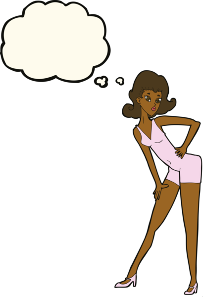 Bir insan tarafından çizilmiş düşünce balonuyla poz veren karikatür modeli kadın.