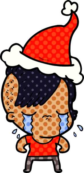 Bir insan tarafından çizilmiş Noel Baba şapkası takan ağlayan bir kızın el çizimi çizgi roman tasviri.