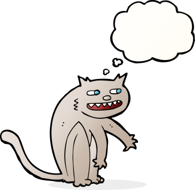 Bir insan tarafından çizilmiş düşünce balonlu mutlu kedi çizgi filmi.