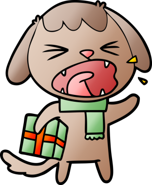 Bir insan tarafından çizilmiş Noel hediyesi olan sevimli bir çizgi film köpeği.