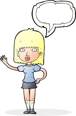 Bir insan tarafından çizilmiş bir konuşma balonuyla el sallayan çizgi film kadını.