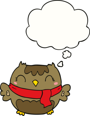 Bir insan tarafından çizilmiş düşünce baloncuğu olan sevimli çizgi film baykuşu.