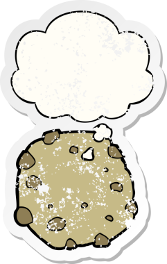 Düşünce baloncuklu çizgi film kurabiyesi insan tarafından çizilmiş yıpranmış bir çıkartma.