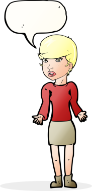 Bir insan tarafından çizilmiş konuşma balonu olan kafası karışık bir kadın çizgi filmi.