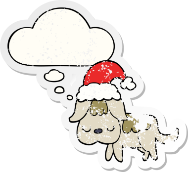 Düşünce baloncuğu olan sevimli bir Noel köpeği. Bir insan tarafından çizilmiş yıpranmış bir çıkartma gibi.