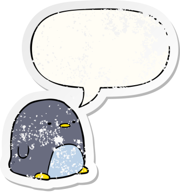 Konuşma baloncuğu olan sevimli penguen bir insan tarafından çizilmiş sıkıntılı eski bir çıkartma.