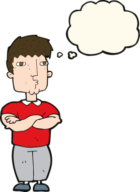 Bir insan tarafından çizilmiş düşünce balonlu çapraz kollu çizgi film adamı.