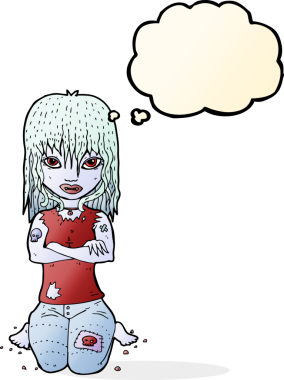 Bir insan tarafından çizilmiş düşünce balonlu vampir kız.