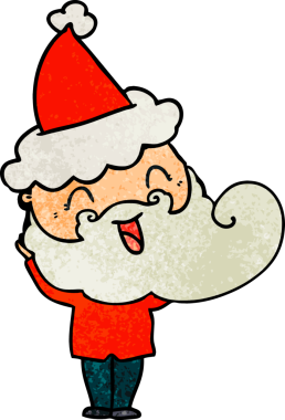 Bir insan tarafından çizilmiş Noel Baba şapkası giyen mutlu sakallı adam.