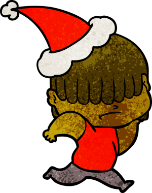 El çizimi, dağınık saçlı, Noel Baba şapkası takan bir çocuğun insan tarafından çizilmiş bir çizgi filmi.