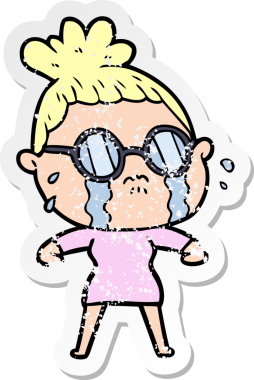 Bir insan tarafından çizilmiş gözlüklü, ağlayan bir karikatür çıkartması.