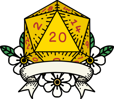 Retro Dövme Biçimi Doğal 20 kritik vuruş D20 zar bir insan tarafından çizildi