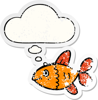 Düşünce baloncuklu karikatür balığı insan tarafından çizilmiş yıpranmış bir çıkartma gibi.