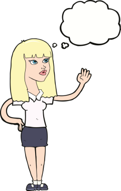 Bir insan tarafından çizilmiş düşünce baloncuğuyla el sallayan güzel bir kadın.