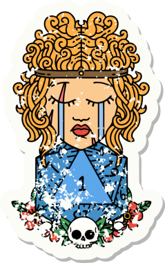 Ağlayan bir insan barbarının grunge çıkartması. Bir insan tarafından çizilmiş doğal bir D20 rulosu.