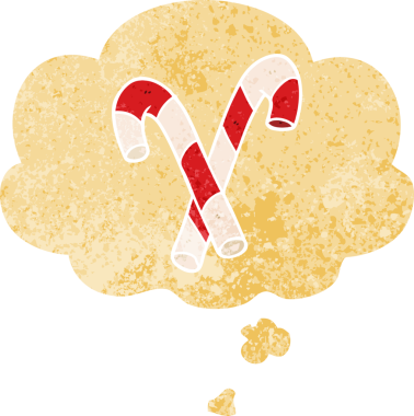 Düşünce baloncuklu çizgi film şeker bastonları grunge sıkıntılı retro dokuma tarzı bir insan tarafından çizilmiş