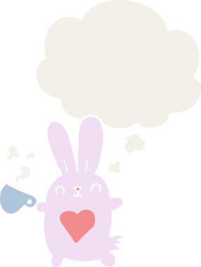 Sevgi dolu bir kalbi olan sevimli bir çizgi film tavşanı ve bir insan tarafından çizilmiş düşünce baloncuğu olan kahve fincanı.