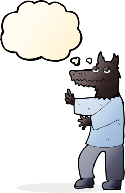 Bir insan tarafından çizilmiş düşünce baloncuğu olan bir kurt adam.