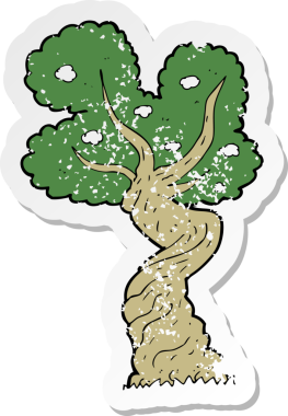 Bir insan tarafından çizilmiş çarpık yaşlı bir ağacın gerilmiş yapıştırması.