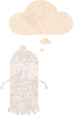 Düşünce baloncuğu ve grunge ile çizgi film hayaleti bir insan tarafından çizilmiş tedirgin retro tarzı