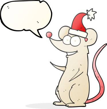 Bir insan tarafından çizilmiş Noel şapkası giyen serbest konuşma balonu çizgi film faresi.