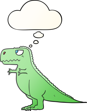 Düşünce baloncuklu çizgi film dinozoru, bir insan tarafından çizilmiş düzgün eğimli stil.