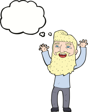 Çizgi film mutlu sakallı adam bir insan tarafından çizilmiş düşünce balonuyla kollarını sallıyor.