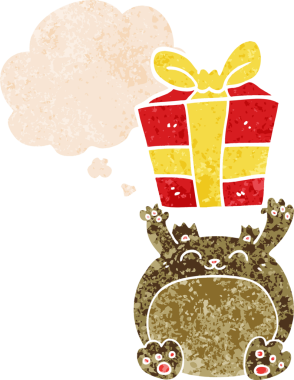 Hoş bir çizgi film Noel ayısı. Düşünce baloncuğu, grunge 'da sıkıntılı retro tarzı bir insan tarafından çizilmiş.