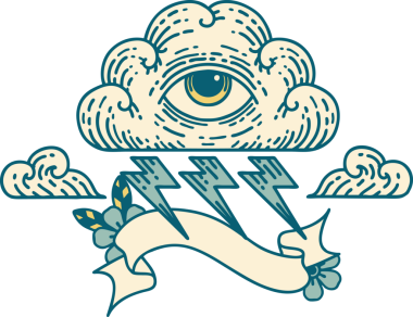 Geleneksel dövme. Her şeyi gören bir göz bulutu şeklinde. Bir insan tarafından çizilmiş.