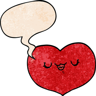 Bir insan tarafından çizilmiş eski dokuda konuşma baloncuğu olan karikatür aşk kalbi.