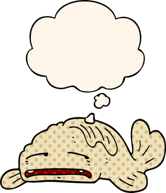 Çizgi roman tarzında bir insan tarafından çizilmiş, hüzünlü, yaşlı bir balık.