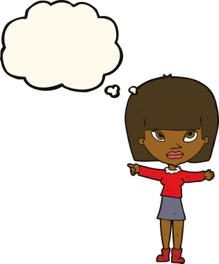 Bir insan tarafından çizilmiş düşünce balonuyla işaret eden çizgi film kadını.